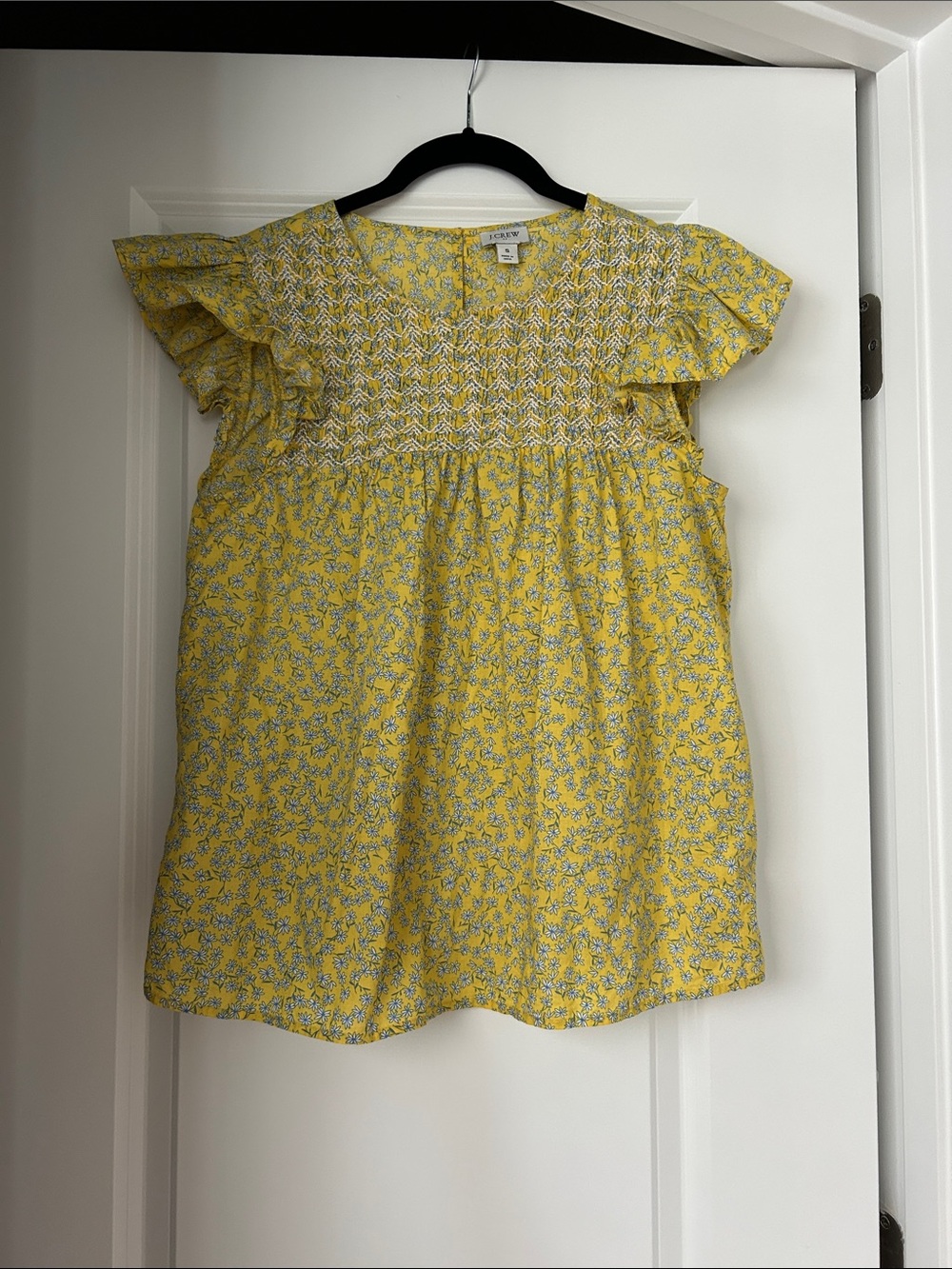 J. Crew Yellow Floral Smocked Top with Blue Accents